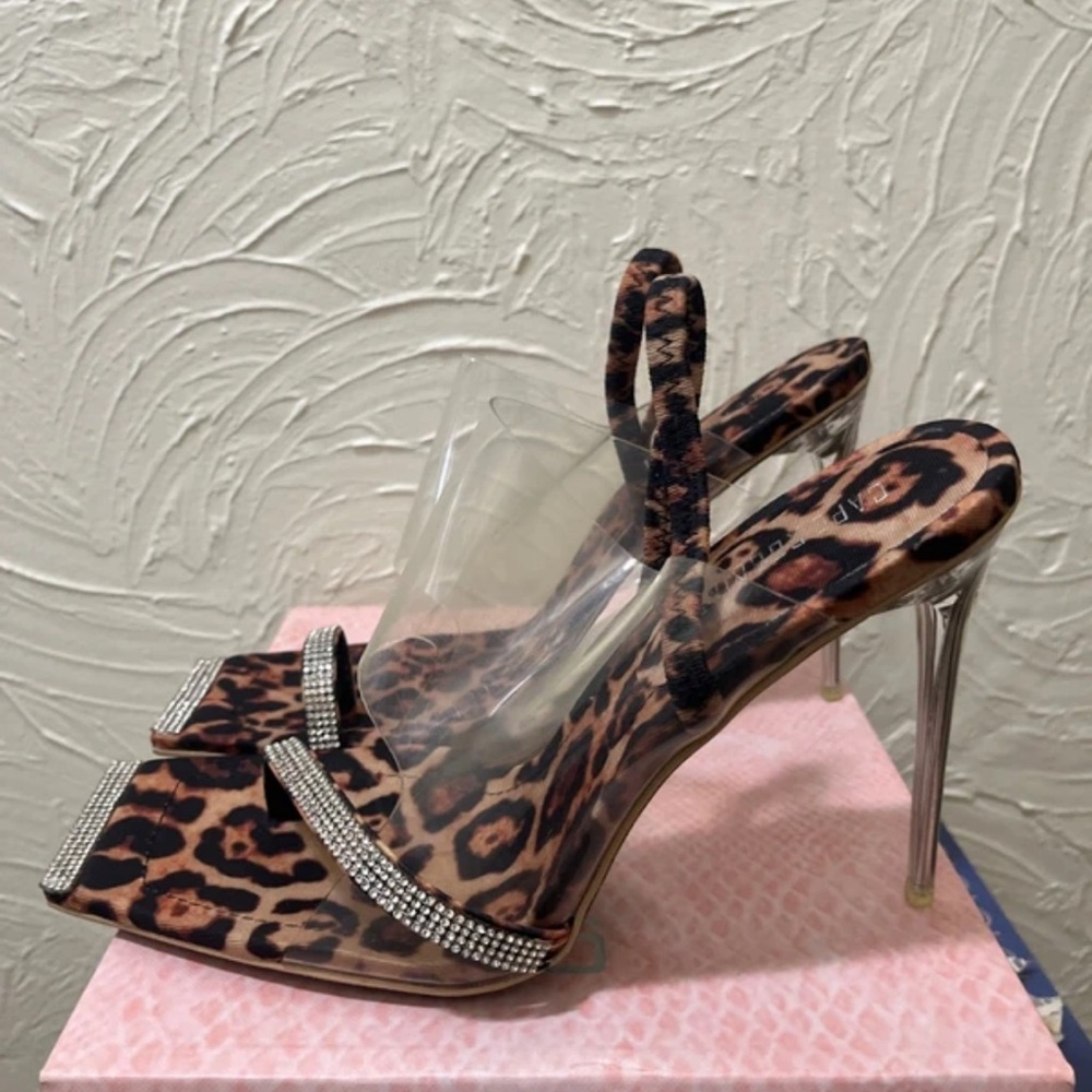 Fashion Nova Leopard Print Heels with Rhinestone Accents